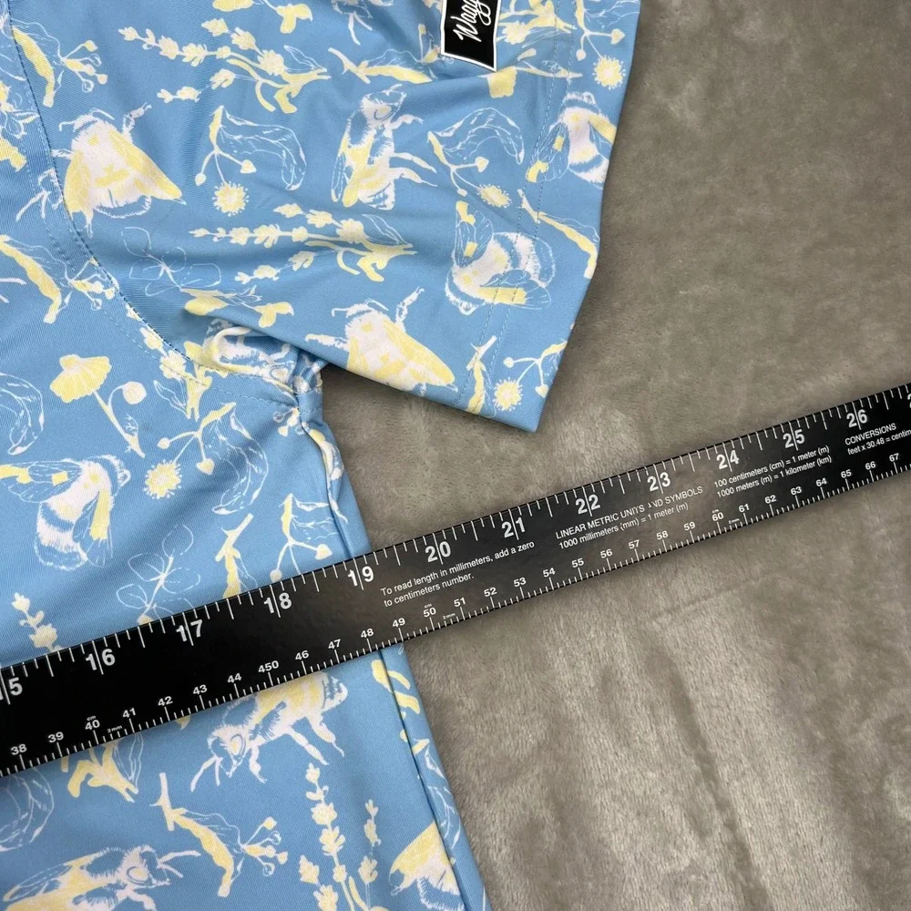 Waggle Buzzin Polo Shirt Mens‎ Small Blue Yellow Bee Floral Performance Stretch - Picture 11 of 11